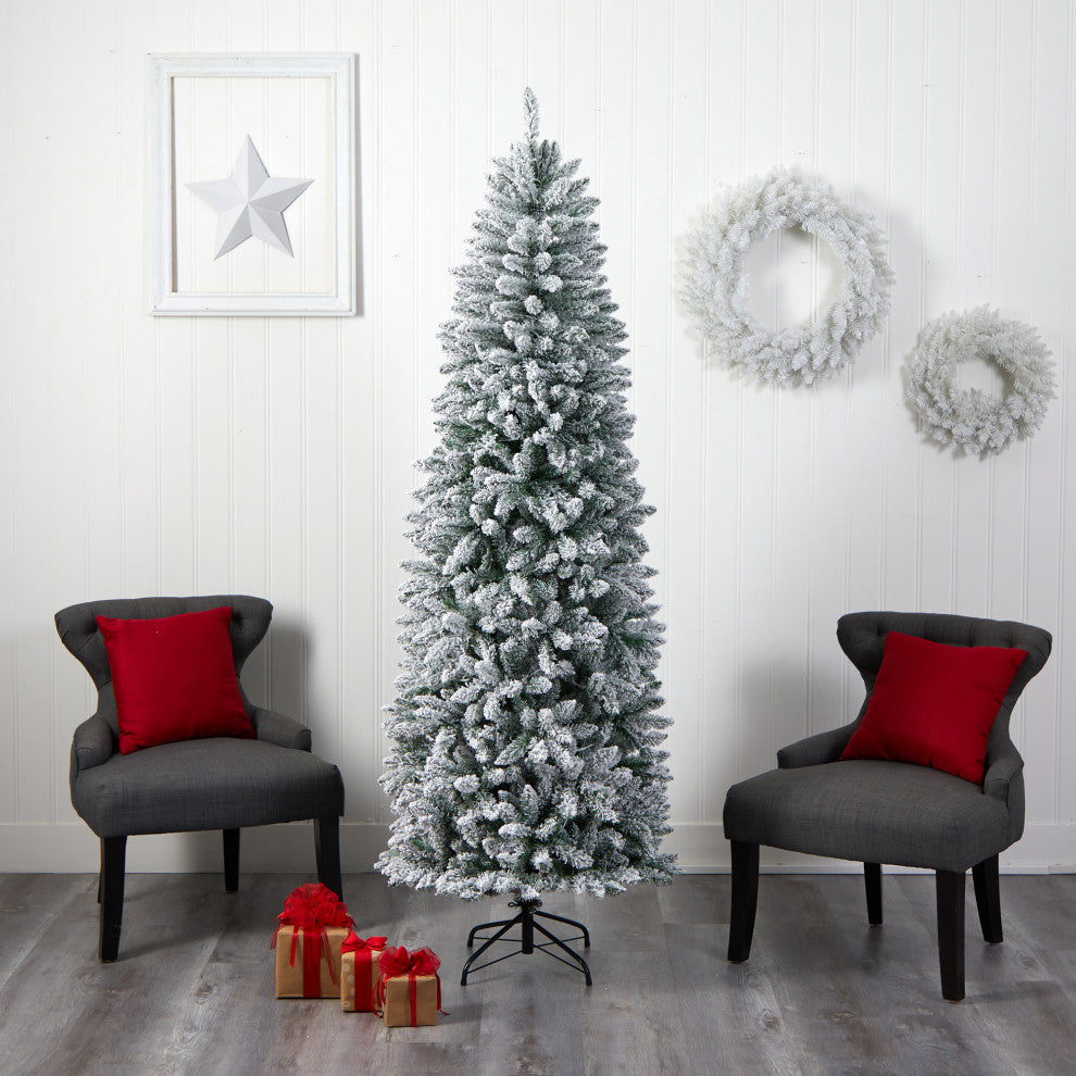 7' Slim Flocked Montreal Fir Faux Xmas Tree W/ White Lights & Bendable Branches