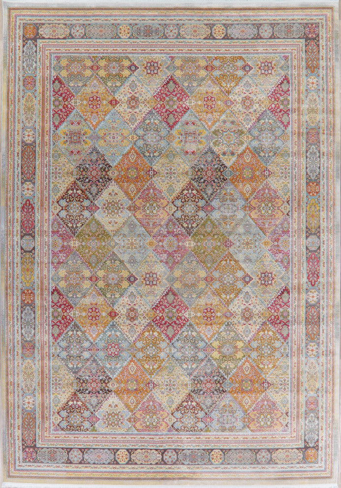Garden Design Vintage Geometric Border Distressed Area Rug, Round 10 X 10 Ft.
