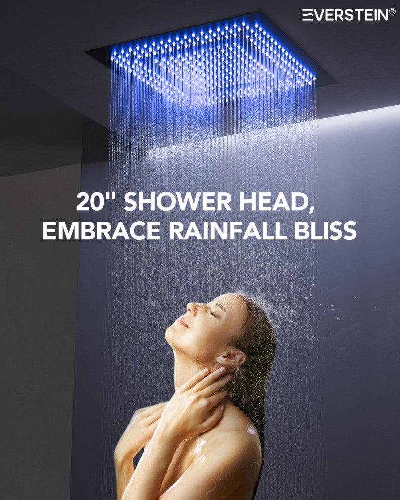 Thermostatic Shower Faucet LED 20" Rain Shower Head with 6 Body Jets, Matte Black