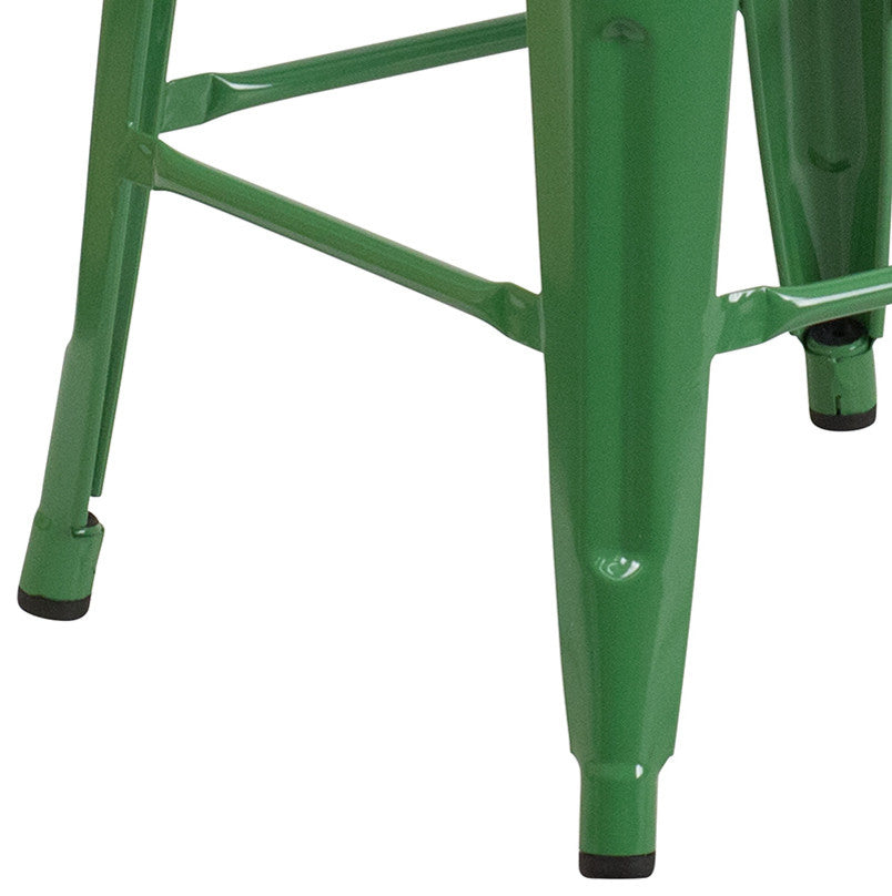 24" High Backless Green Metal Counter Height Stool With Square Wood Seat