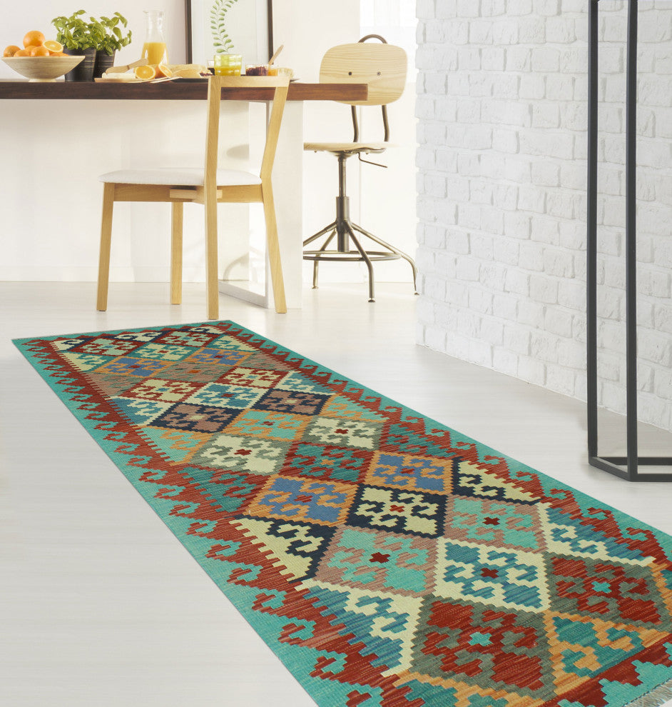 Sangat Kilim BurCin Light Green/Navy Runner, 2'9x9'7