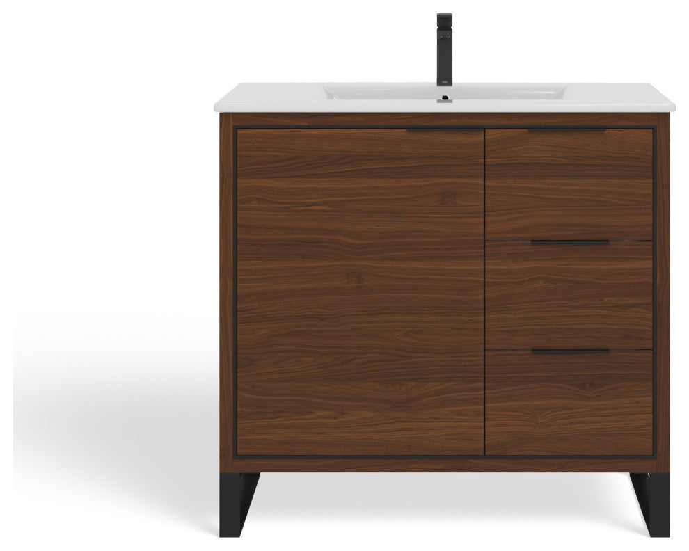Bradford Bath Vanity, Walnut, 36", Black Hardware, Single Sink, Freestanding