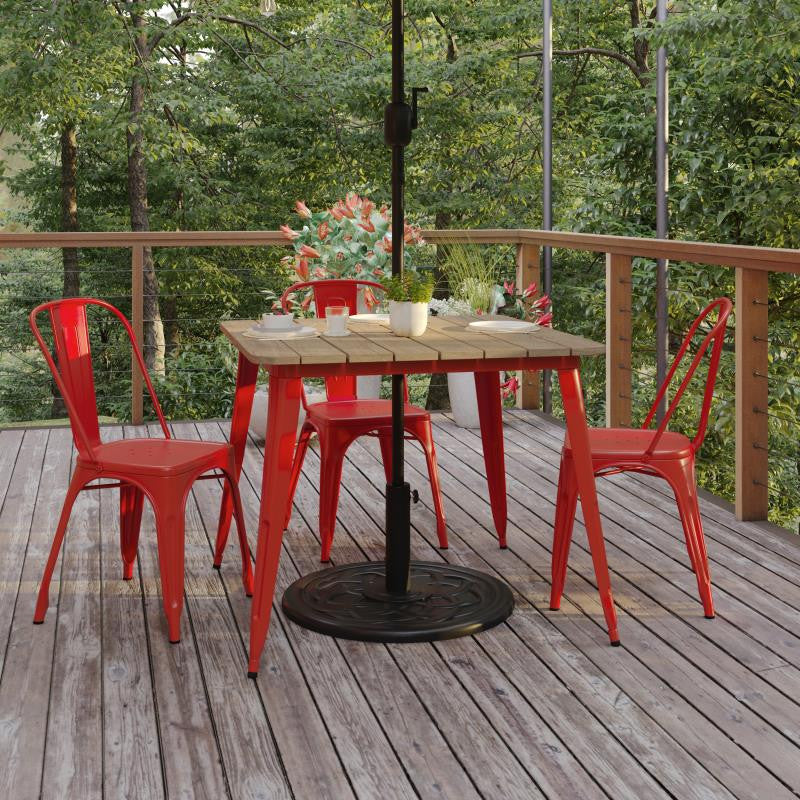 Declan Commercial Indoor/Outdoor Dining Table with Umbrella Hole, 36" Square, Brown/Red