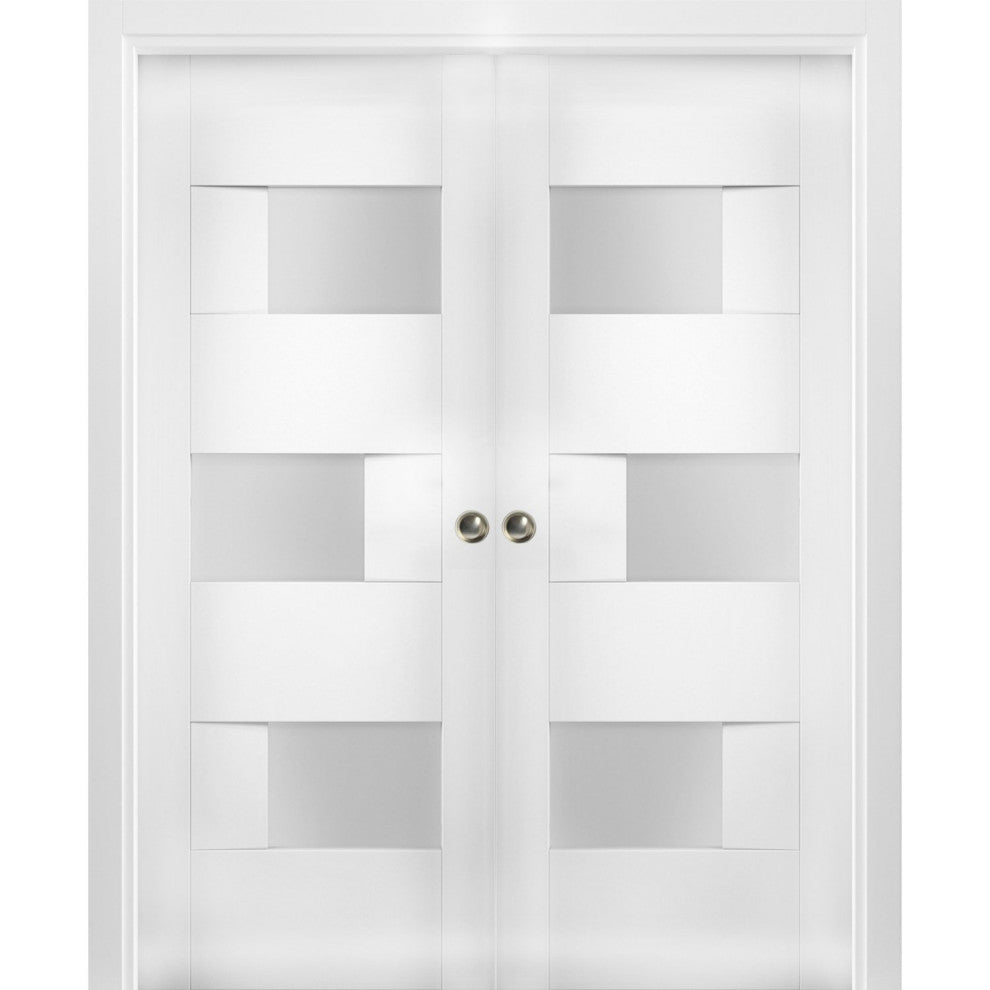 Interior Double Pocket Doors 60x84 in Opaque Glass | Sete 6933 White Silk