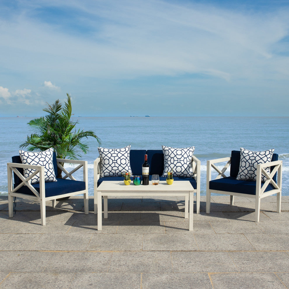 Safavieh Nunzio 4 Piece Outdoor Set with Accent Pillows White/Navy
