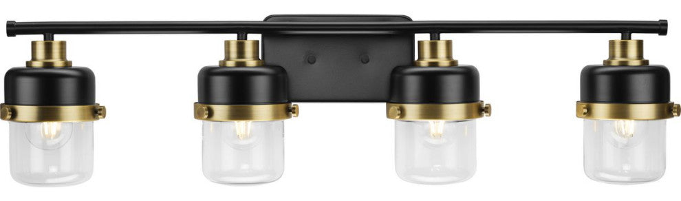 Beckner 4-Light Matte Black Clear Glass Bath Light With Vintage Brass Accents