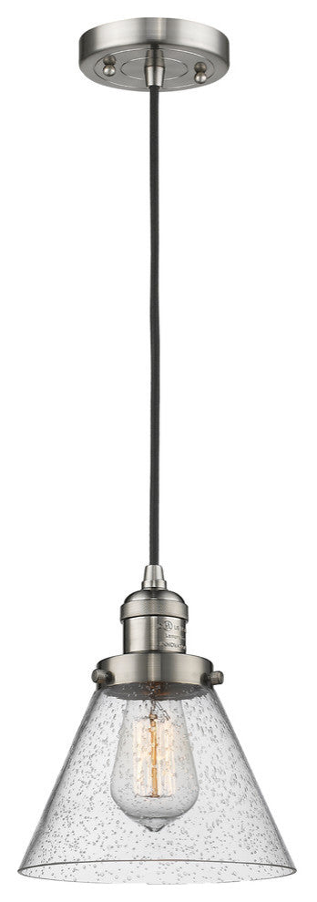 1-Light Large Cone 8" Pendant, Brushed Satin Nickel, Glass: Seedy