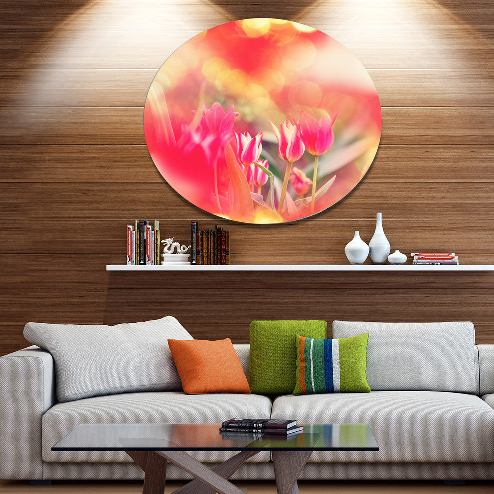 Tulips On Abstract Red Background, Floral Disc Metal Artwork, 36"