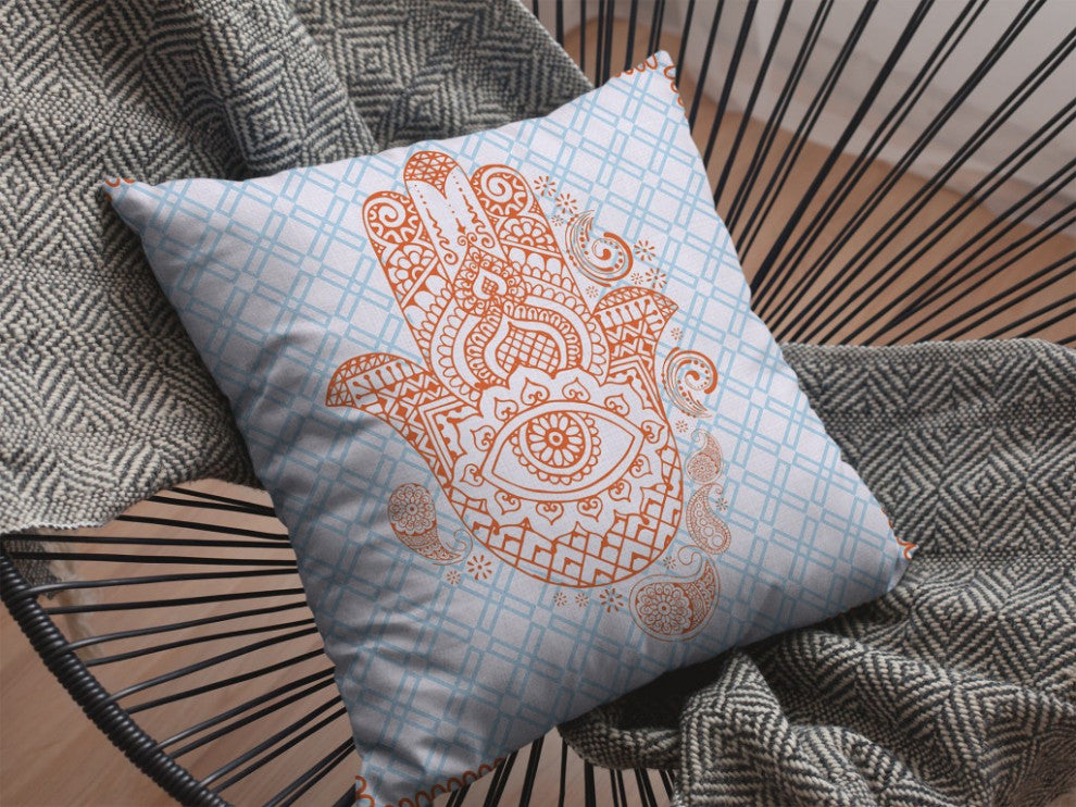 26 Blue Orange Hamsa Indoor Outdoor Throw Pillow
