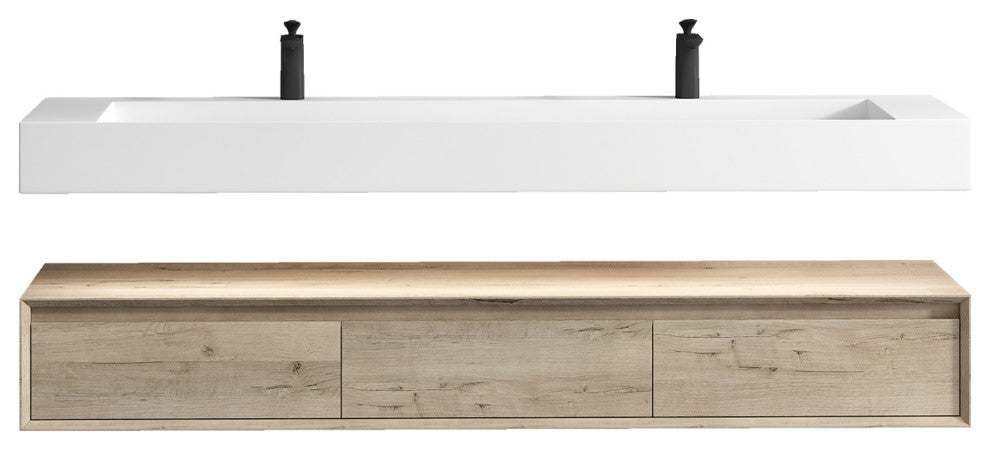 Alysa 72" Floating Bath Vanity, Acrylic Sink/Double Faucet Hole, Light Oak