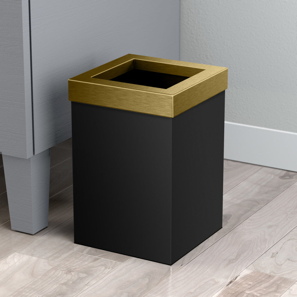 Square Modern Wastebasket, Matte Black and Brushed Brass