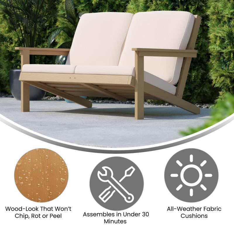 Charlestown All-Weather Poly Resin Wood Adirondack Loveseat with Cushions, Natur