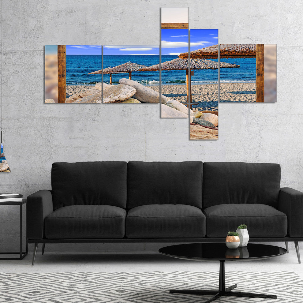 Framed Effect Beach Umbrellas, Seashore Canvas Art Print, 60"x32", 5 panels