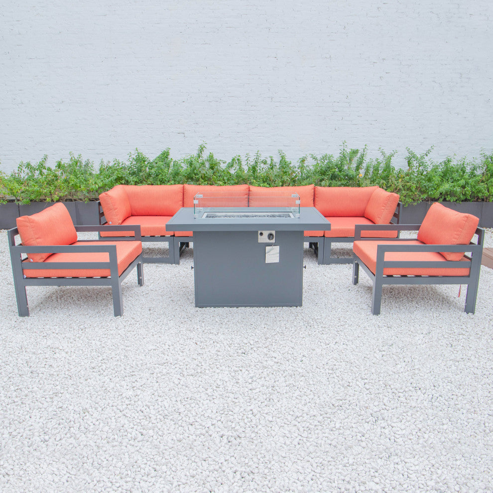 LeisureMod Chelsea 7-Piece Outdoor Sectional With Fire Pit Table, Orange