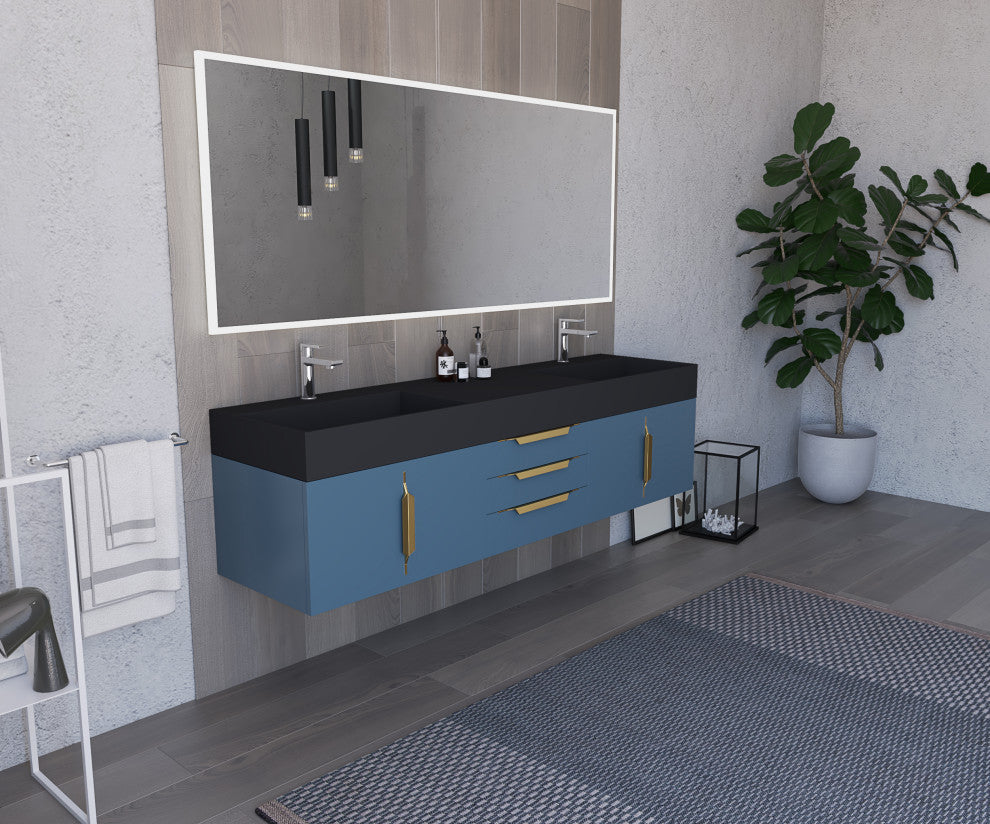 CastelloUSA Amazon 72" Wall Mounted Vanity Set, Blue, Black Top, Gold Handles