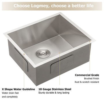23 in Undermount Single Bowl 18G T-304 Stainless Steel Kitchen Sink Bar Sink