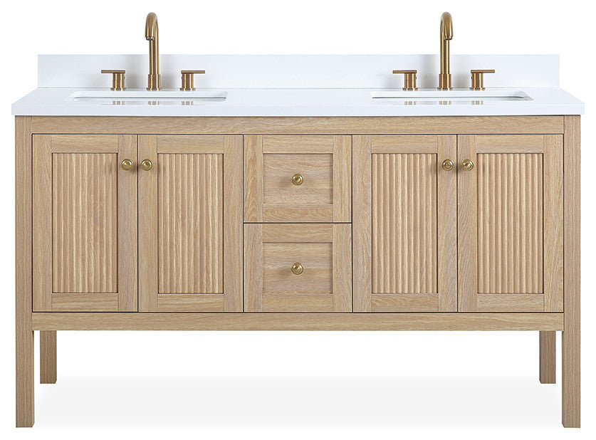 Modern Light Oak Sera Bathroom Vanity With White Quartz Top, 60" Double Sink