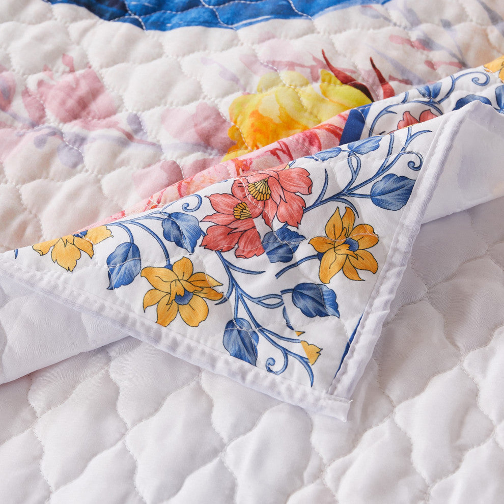Benzara BM280421 3 Piece Full Quilt Set, Peacock, Floral Print, Multicolor