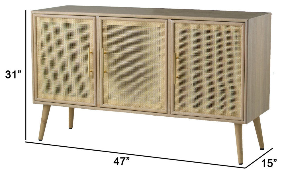 Benzara BM285268 TV Media Entertainment Console, 3 Rattan Doors, Modern, Brown