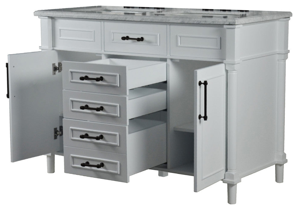 48" Double Vanity, White With White Carrara Marble Top