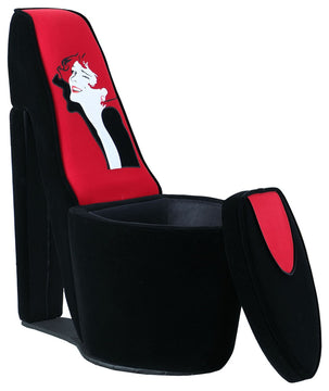 Glam Black and Red Contempo Lady Faux Suede High Heel Shoe Shaped Storage Chair