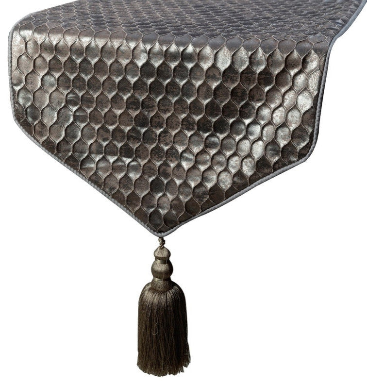 Decorative Table Runner Silver Satin 16"x90", Foil Beehive Tassels, Hive Wave