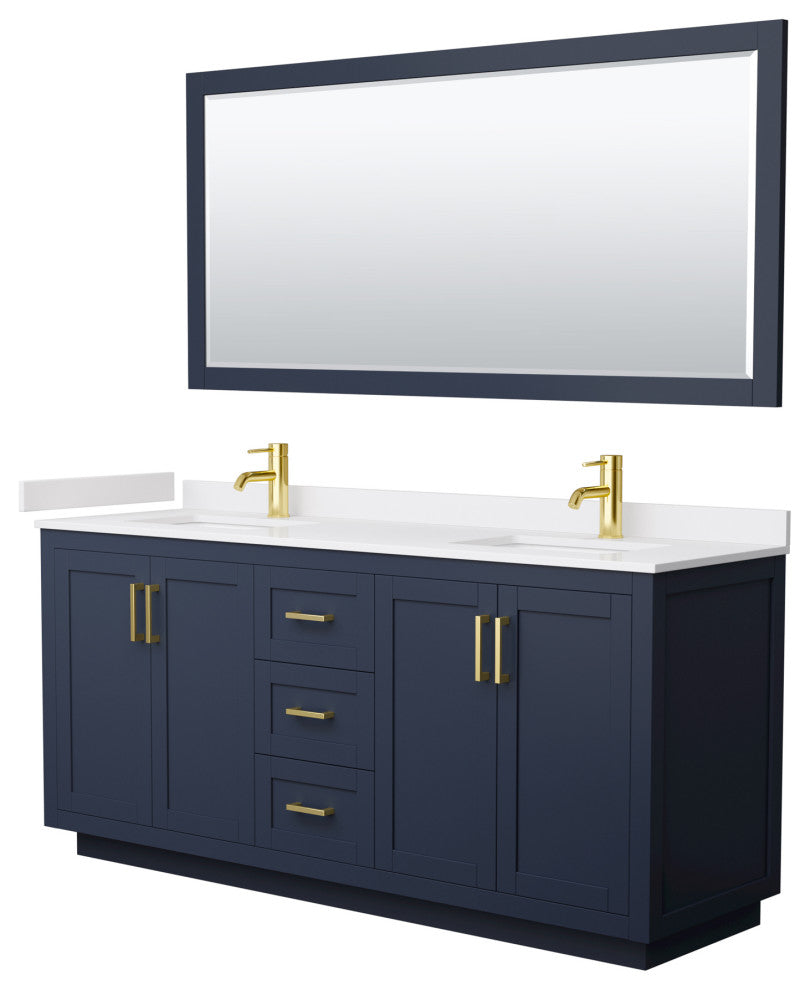 72"DBL Vanity Dark Blue, White Cult. Marble Top, Sinks, Gold Trim, 70"Mirror