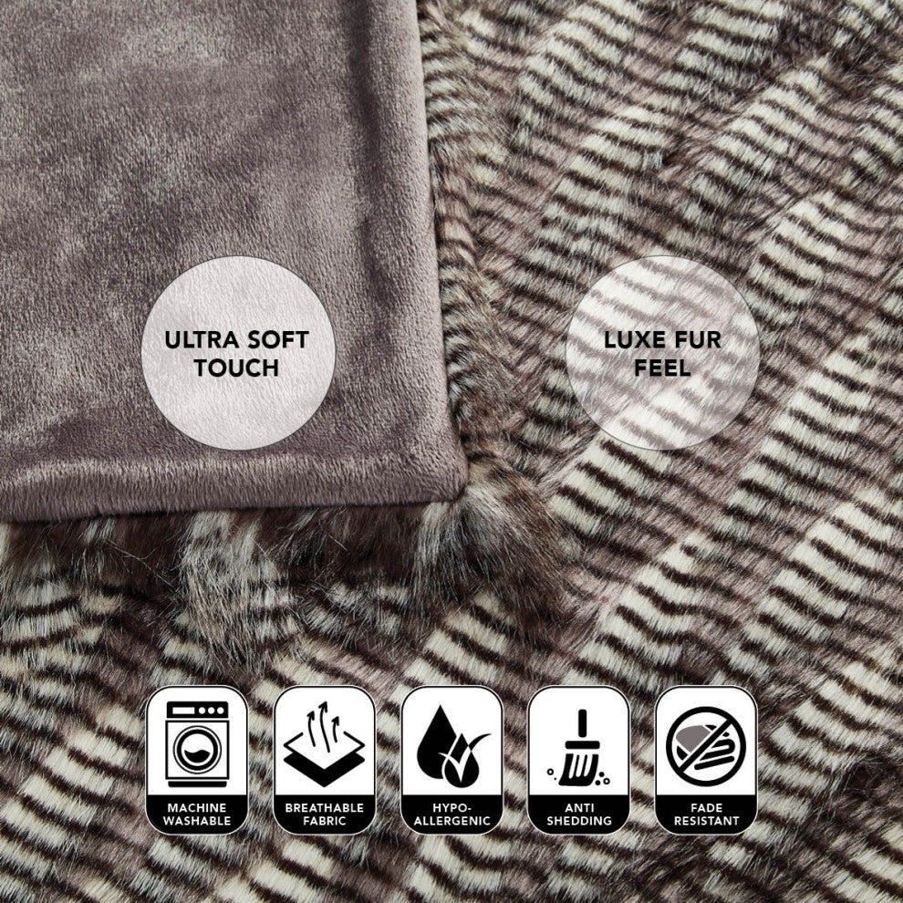 Rashidi Faux Feather Fur Throw 50"x60", Dark Grey