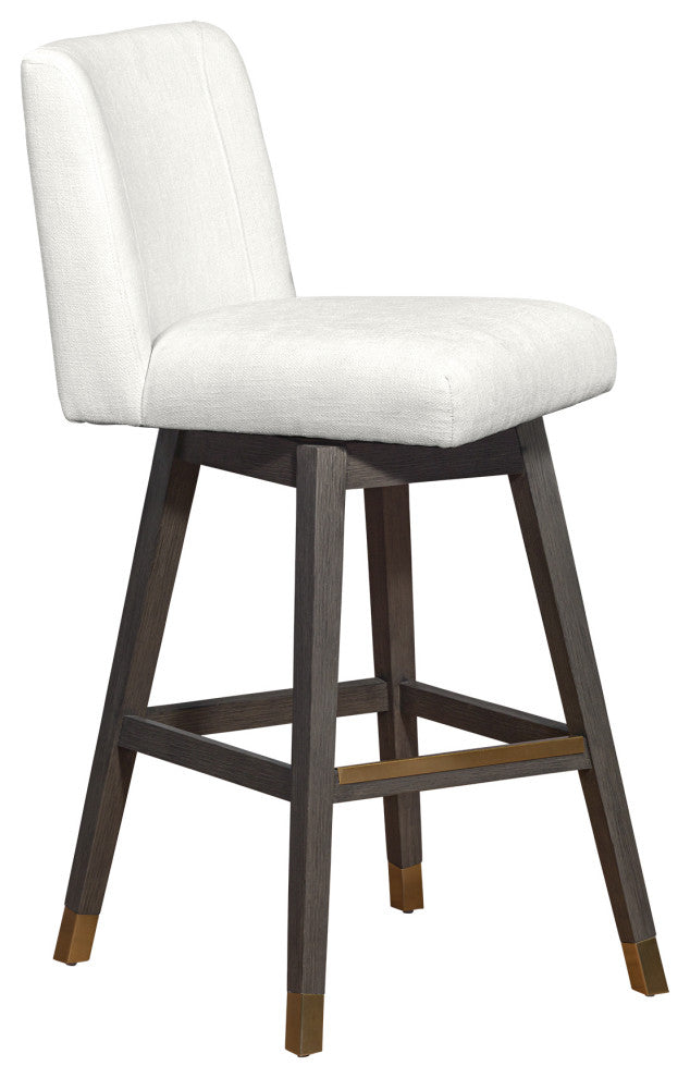Basila Swivel Bar Stool in Grey Oak Wood Finish with Pearl Fabric