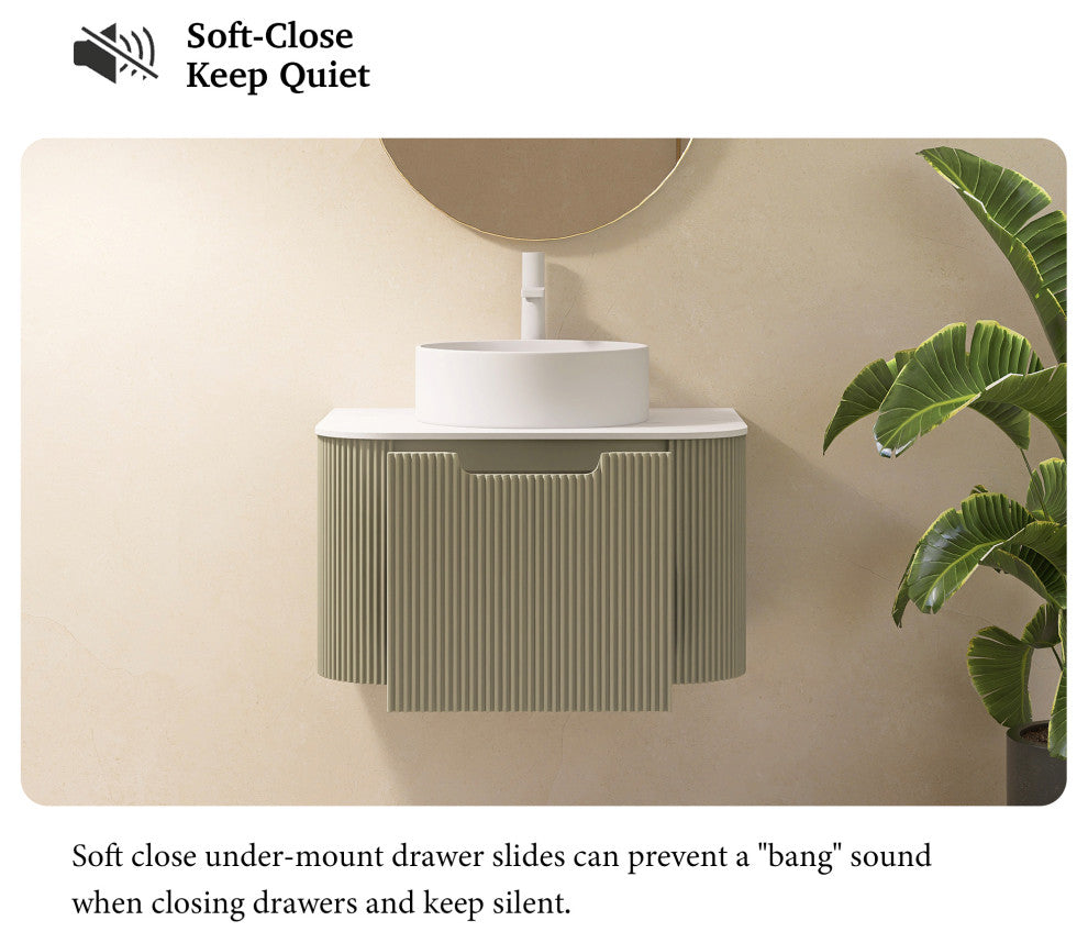 Wall-Mounted Bathroom Vanity With White Round Ceramic Basin, Light Green, 24"