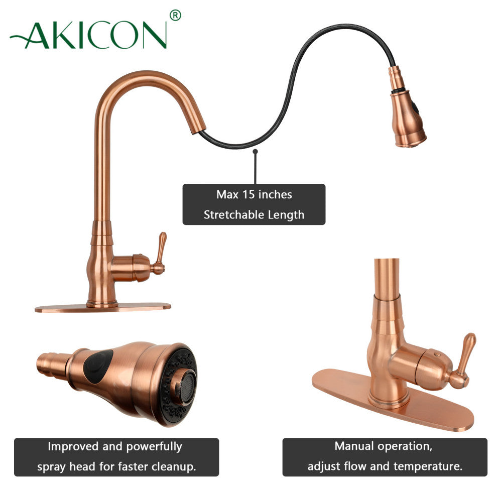 Pull Down Kitchen Faucet With Deck Plate, Single Level Solid Brass Sink Faucets,