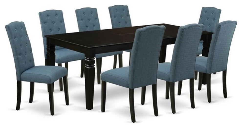 Lgce9-Blk-21, 9-Piece Dining Set, Table With 8-Chairs With Blue Fabric, Black
