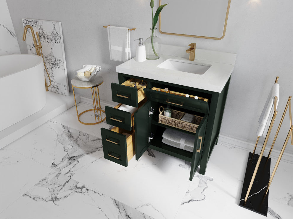 Cambridge 36 Right Offset Bath Vanity in Dark Forest Green 2" Carrara Quartz