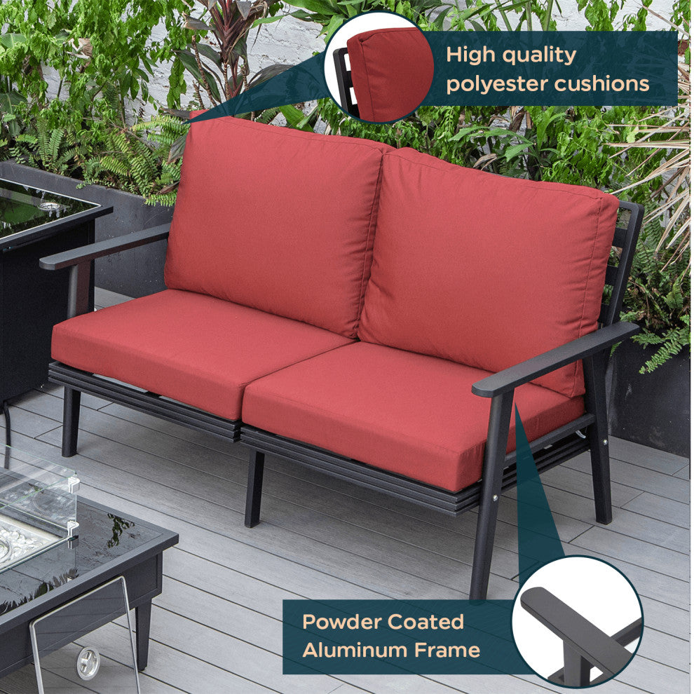 Leisuremod Walbrooke Patio Loveseat With Black Aluminum Frame, Red