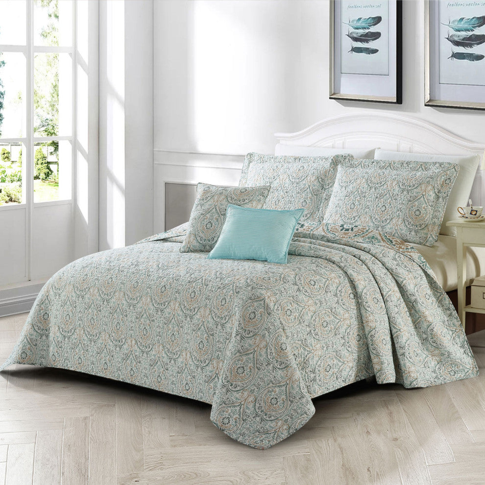 Damask 5 Piece Reversible Quilt Bed Spread Coverlet Set, Blue, Queen, 90"x90"