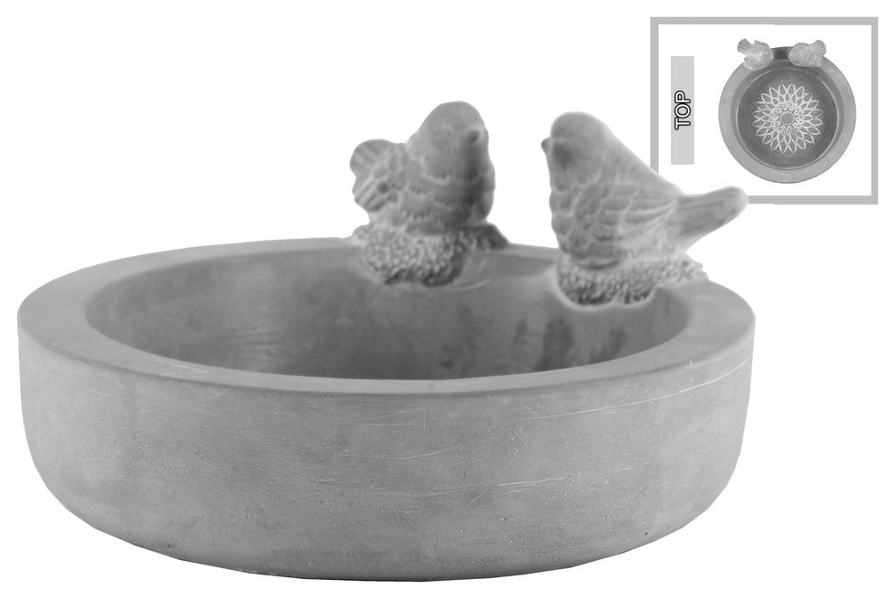 Bowl With Bird Figurine and Engraved Floral Design, Washed Concrete Finish Gray