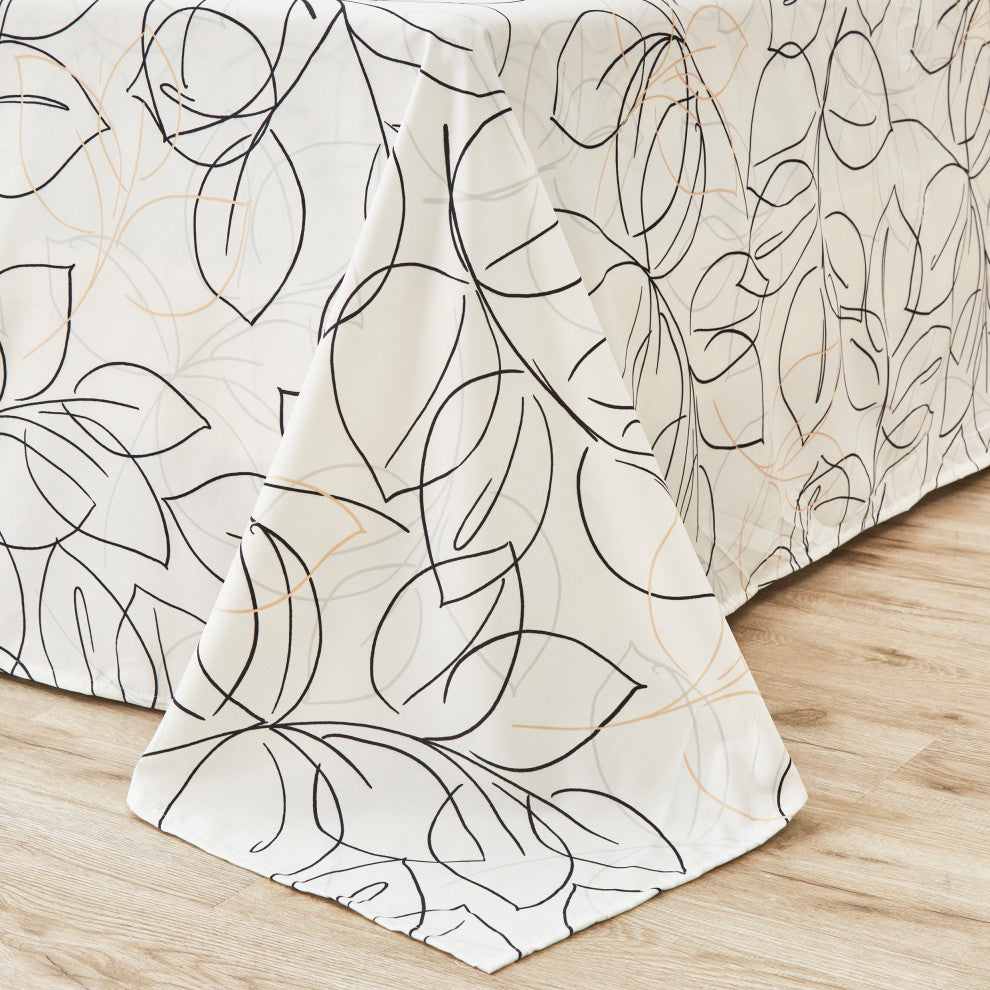 Tache Modern Leaf Foliage Abstract Floral White Grey Black Top Flat Sheet, King