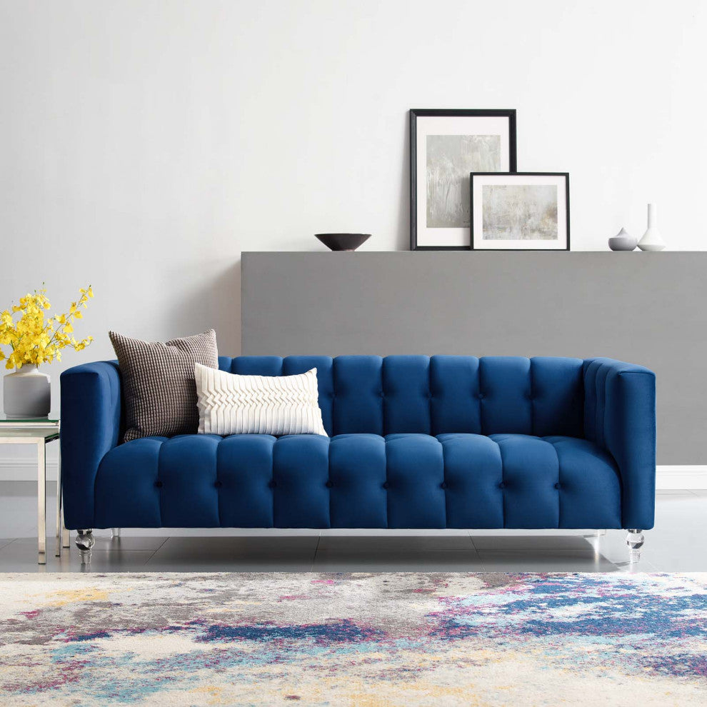 Tufted Sofa, Velvet, Blue Navy, Modern, Living Lounge Hotel Lobby Hospitality