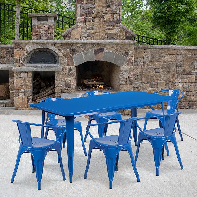 Commercial 31.5"x63" Blue Metal Indoor-Outdoor Table Set, 6 Arm Chairs