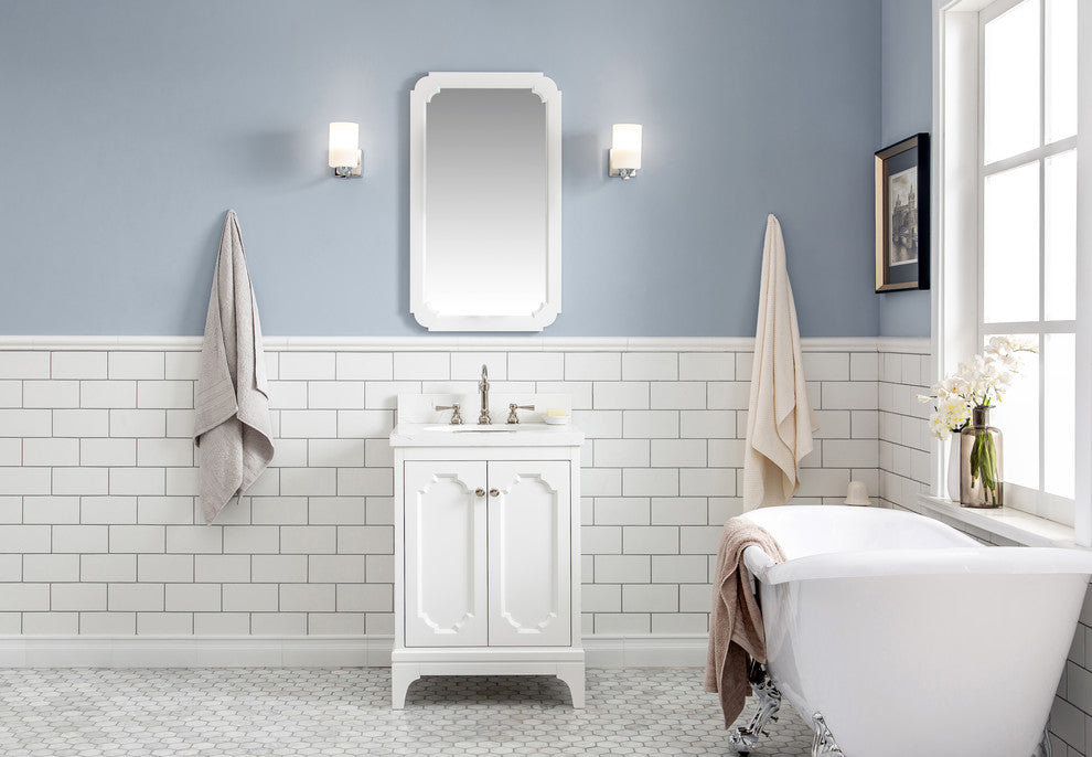 24" Wide Pure White Single Sink Quartz Carrara Bathroom Vanity