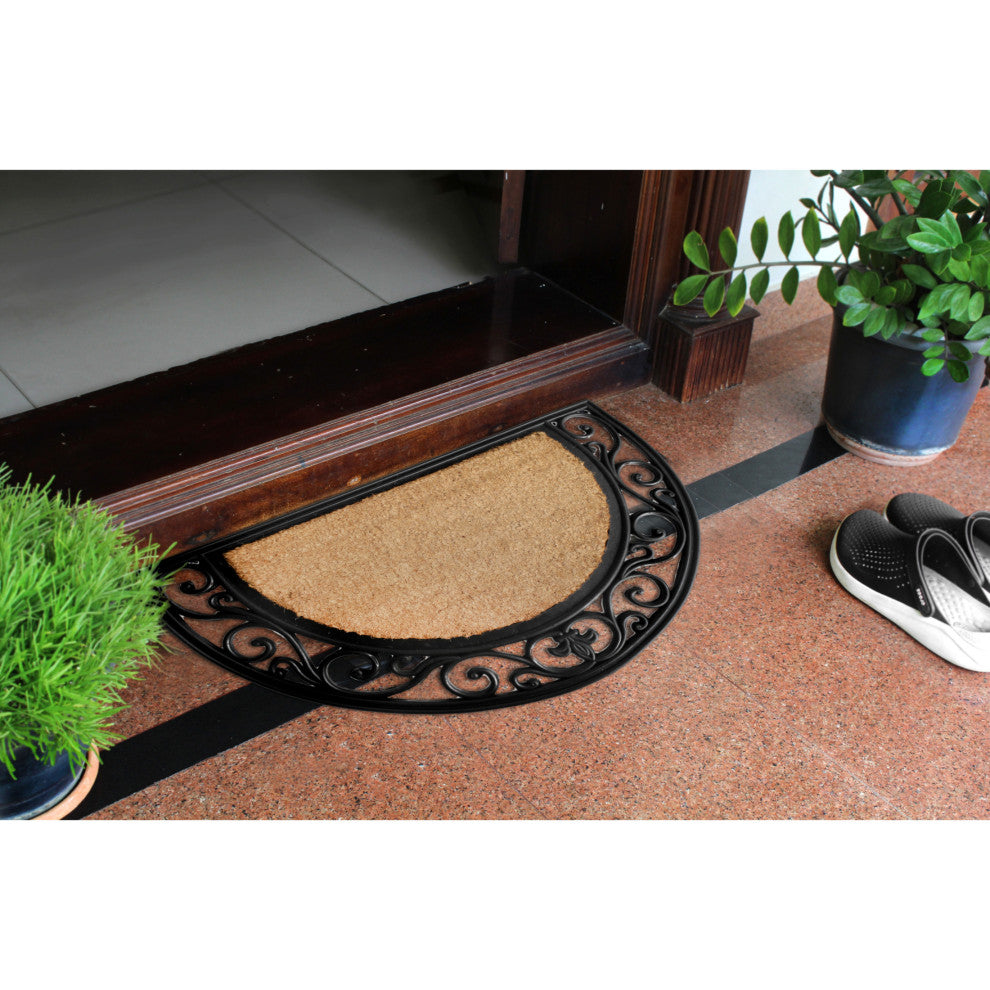 RugSmith Natural Moulded Fleur De Lis Border Half Round Doormat, 18"x30"