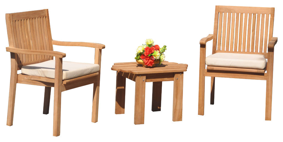 3-Piece Outdoor Teak Dining Set, 27.5" Adirondack Table, 2 Leveb Stacking Chairs