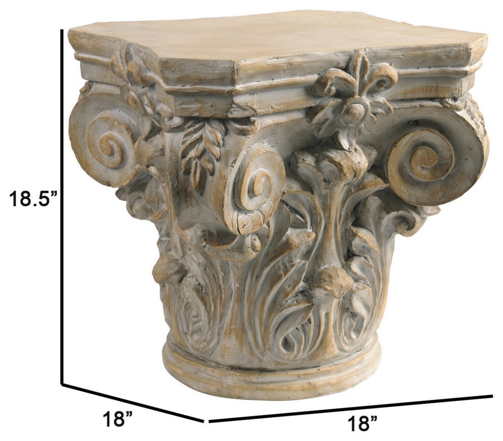 Benzara BM285209 18" Column Pedestal, Classic Carved Scrollwork, Antique White