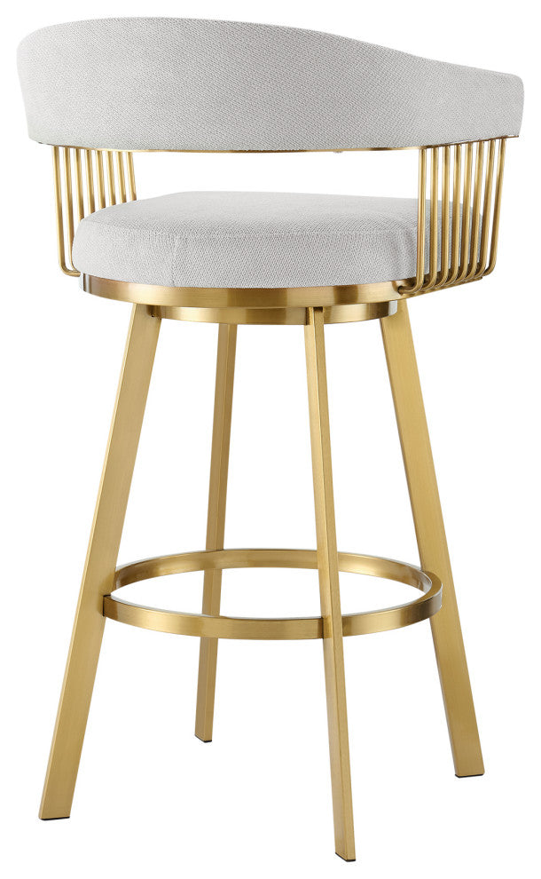 Chelsea Swivel Counter Stool, Gold Brushed Stainless Steel, Silver Fabric, 30"