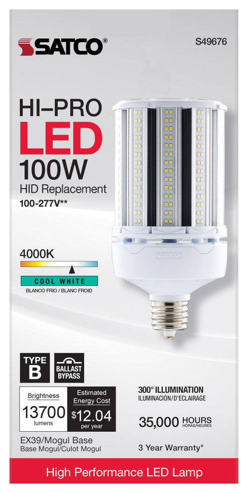 100W LED HID Replacement, 4000K, Extended Mogul Base, Type B Ballast Bypass