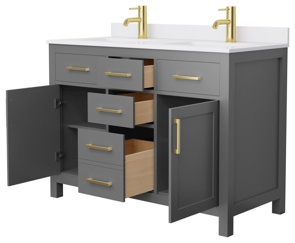 48"DBL Bathroom Vanity Dark Gray, White Cult.Marble Countertop, Sinks, Gold Trim