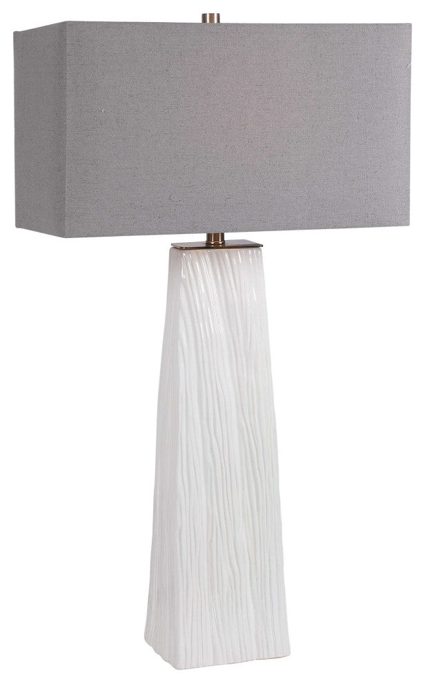 Luxe Modern Woodland Style Carved Ceramic Table Lamp Gloss White Organic Gray