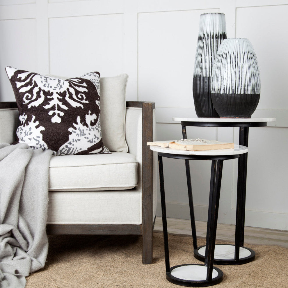 Bombola White Marble w/Black Metal Frame Round Accent Table, Small