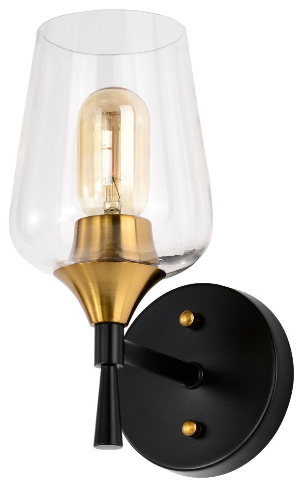 5 in. 1-Light Black and Antique Brass Indoor Wall Sconce With Clear Glass Shade
