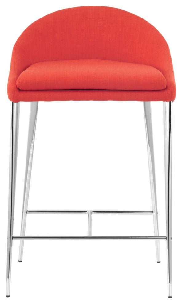 Counter Stool Chair, Set of 2, Steel Metal, Fabric, Orange, Chrome, Mid Century